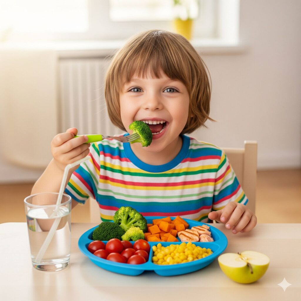 A happy child happily eating a healthy and colorful meal/Bachhon Ko Bhookh Na Lagne Ka Ilaj