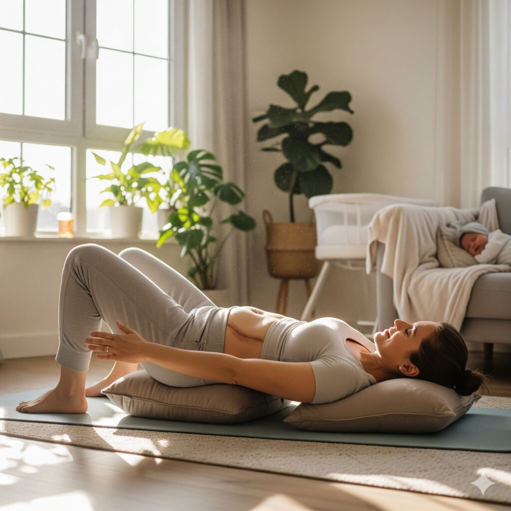 A new mother doing gentle postpartum exercises with a C-section recovery in mind/C Section Ke Baad Pet Kam Karne Ke Gharelu Upay
